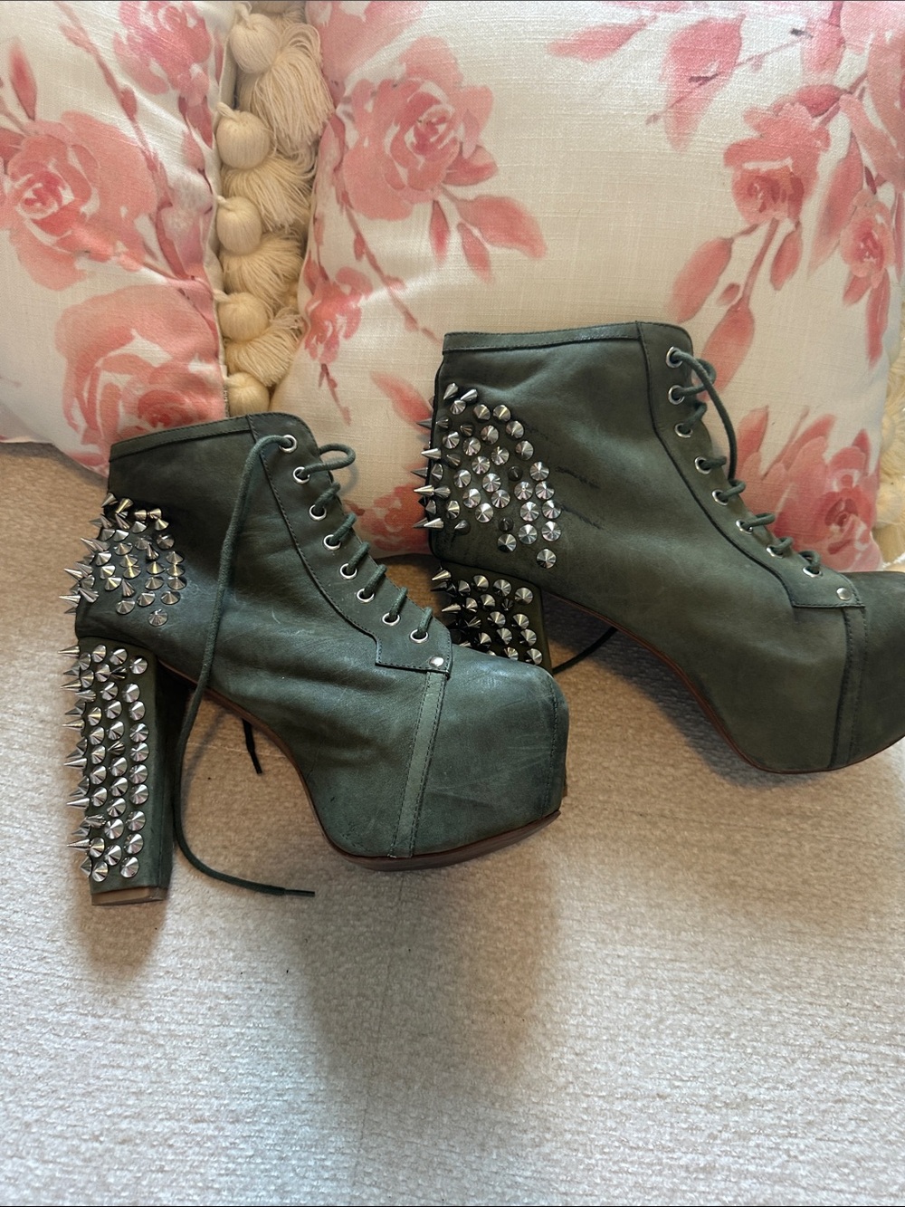 Jeffrey Campbell Olive Green Spike-Heel Lace-Up Booties - Picture 4 of 6